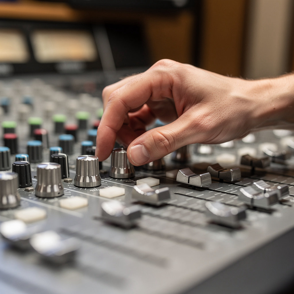 SoundWav Studios SD La Mesa professional audio engineer working on mixing console in recording studio