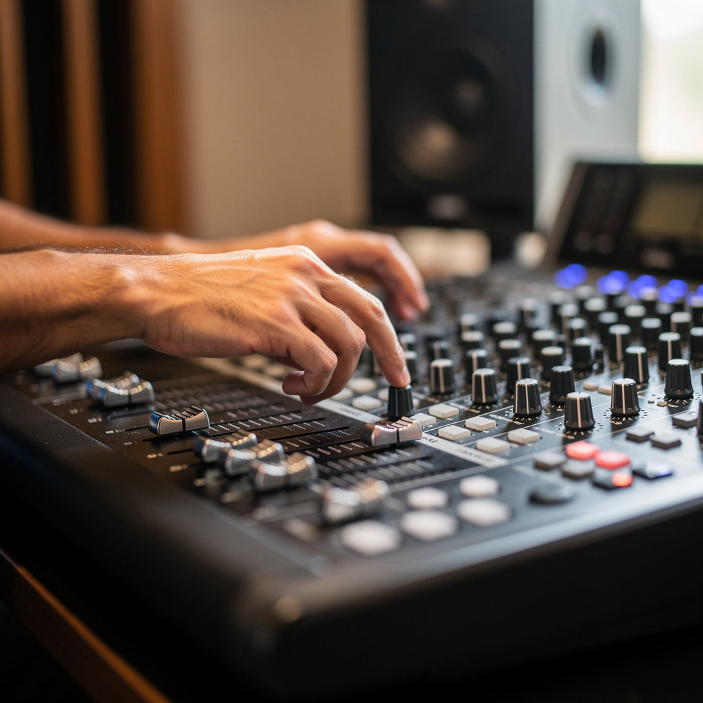 SoundWav Studios SD La Mesa audio production workspace showcasing professional recording equipment and mixing console